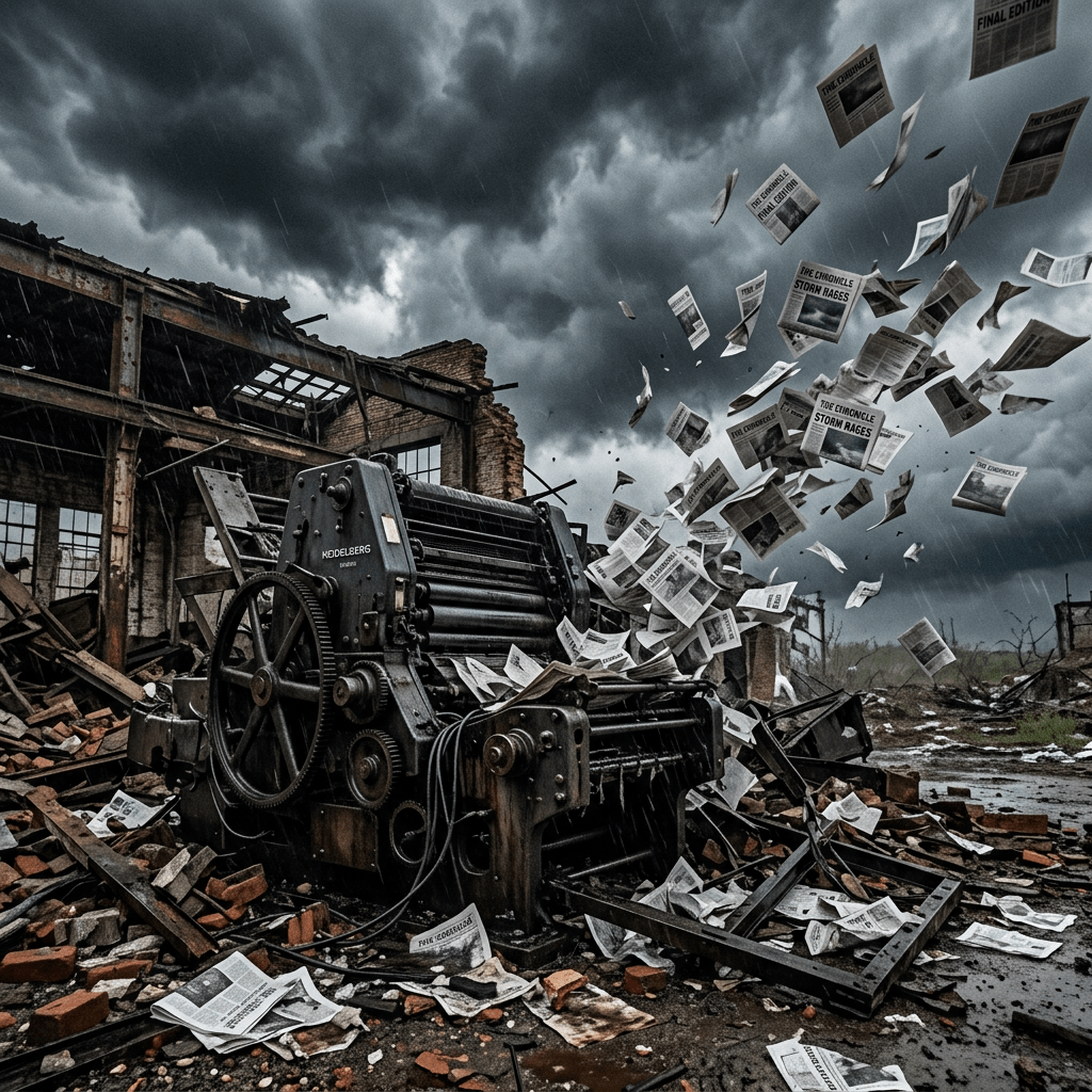 Old Heidelberg printing press surrounded by rubble with newspapers flying under stormy skies