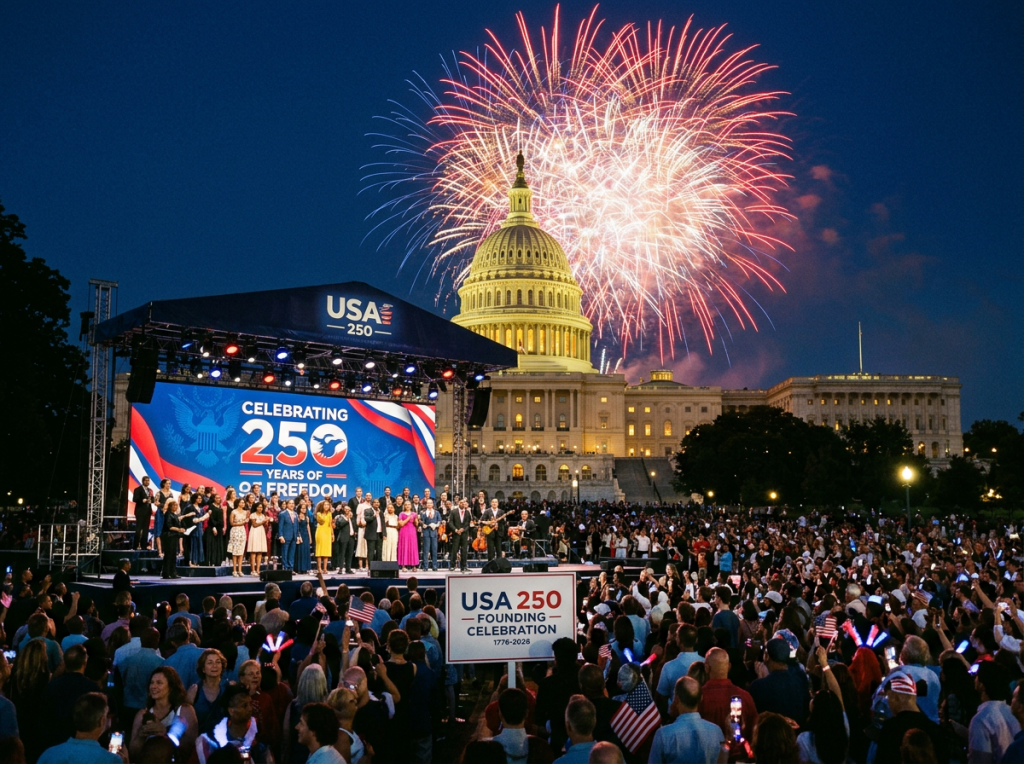 Large crowd at U.S. Capitol event celebrating 250 years of USA founding with fireworks