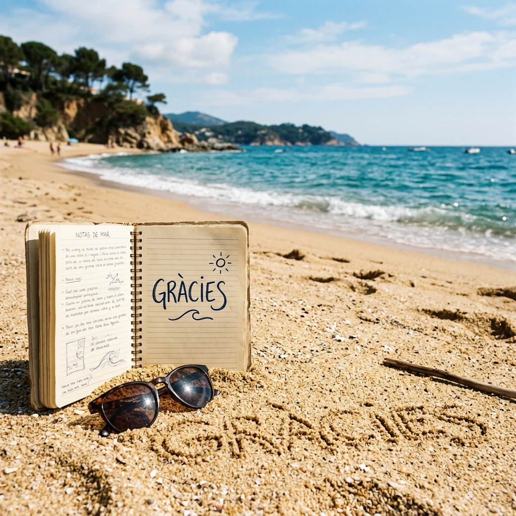 Open notebook in the sand with 'Gràcies' written inside and sunglasses nearby on a beach