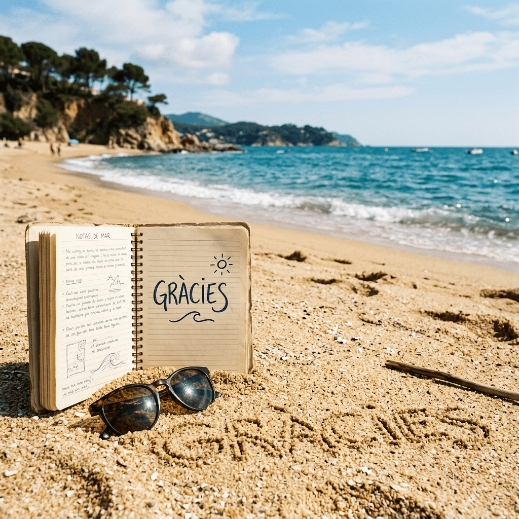 Open notebook in the sand with 'Gràcies' written inside and sunglasses nearby on a beach