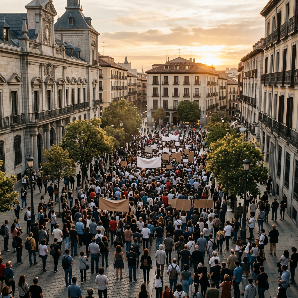 Large peaceful demonstration filling a historic city street with signs