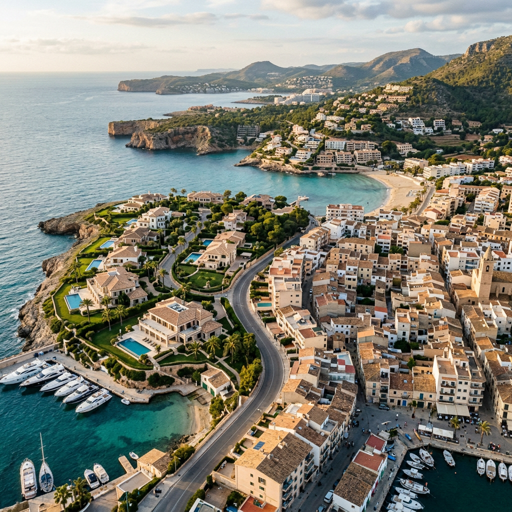 Aerial view of a Mediterranean coastal town with coves and marinas